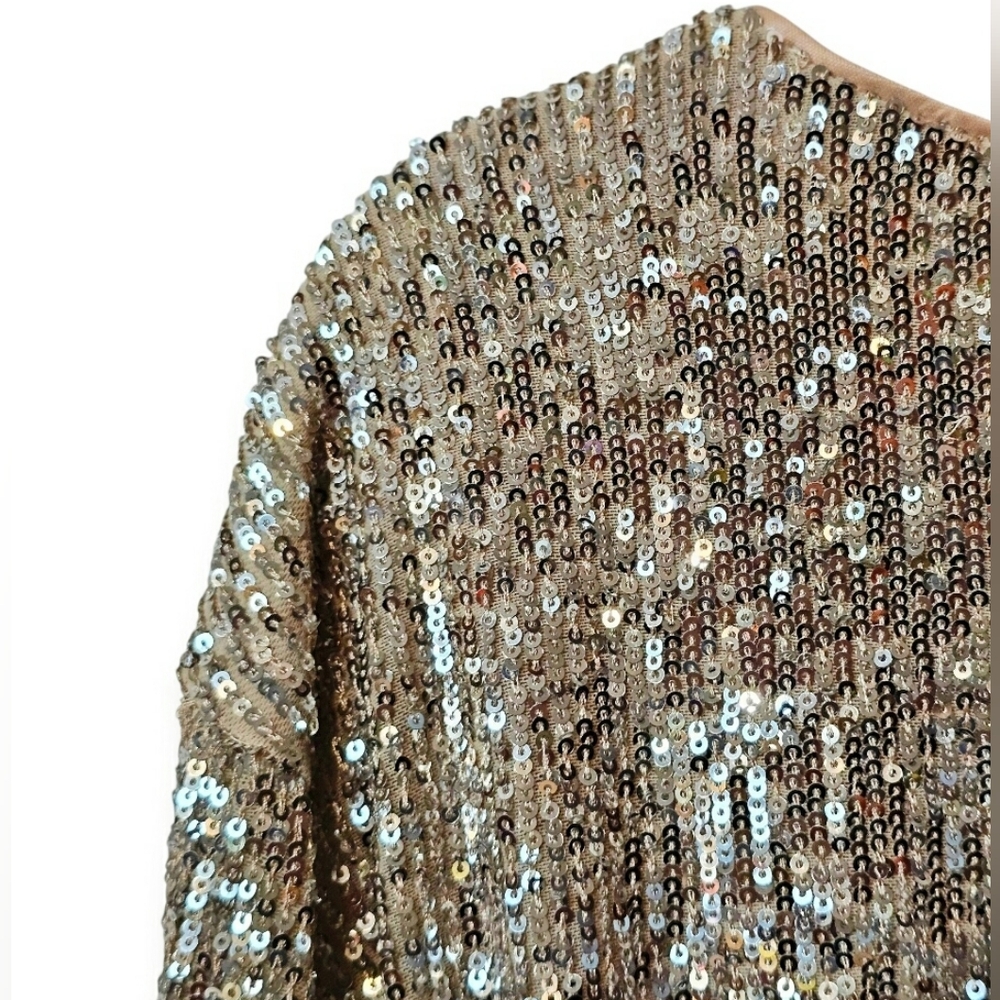 Express Gold Lush Sequins Vneck Longsleeve Flowy Holiday Formal Midi Dress - Picture 7 of 11